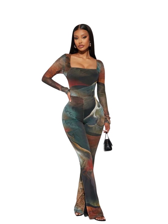 Fashion Nova Pants - Fashion Nova Lost In A Trance Mesh Jumpsuit Olive/Combo